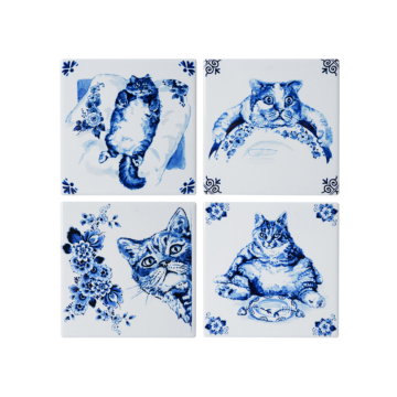 Heinen Delfts Blauw Onderzetters luie kat set van 4